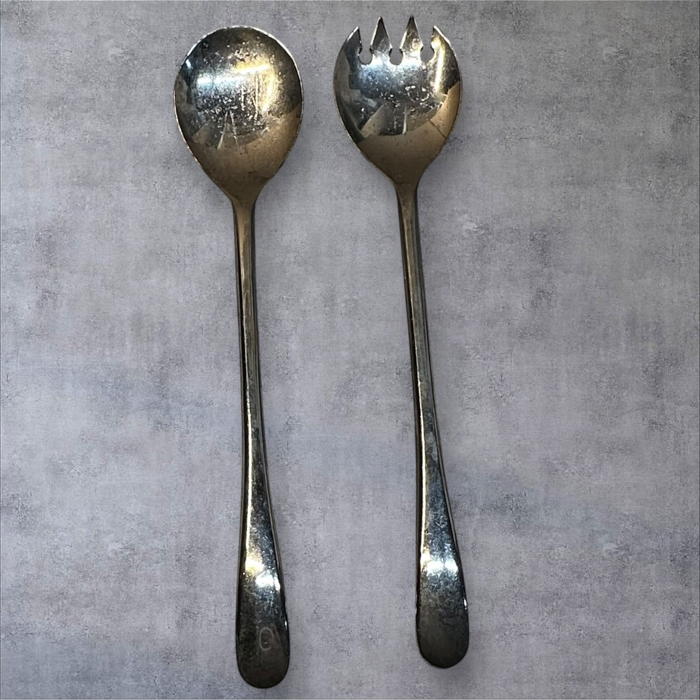 Vintage Italy Silverplated Salad Serving Set 12" MCM Spoon Spork Fork